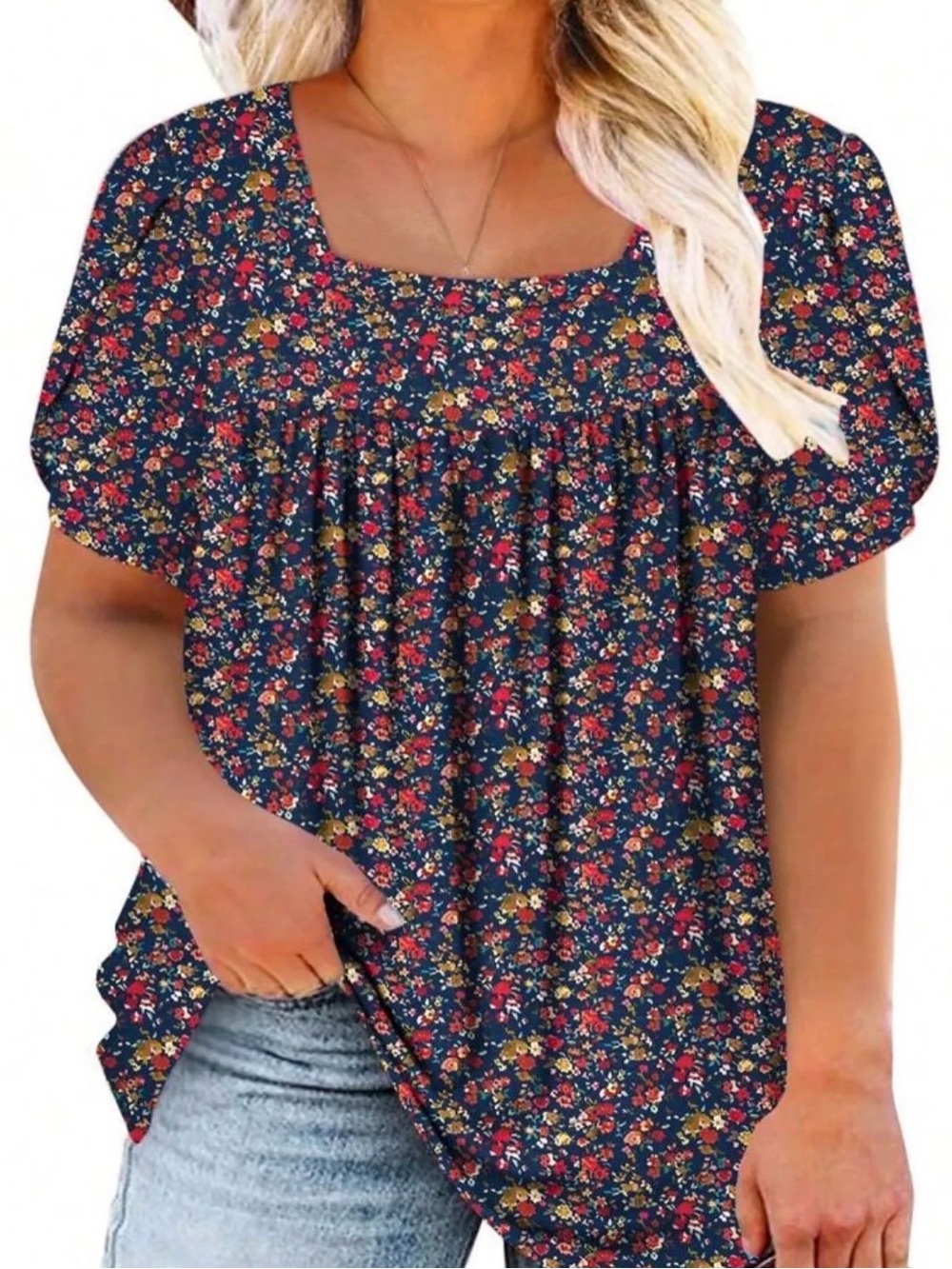 SHEIN Navy Floral Square Neck Puff Sleeve Top